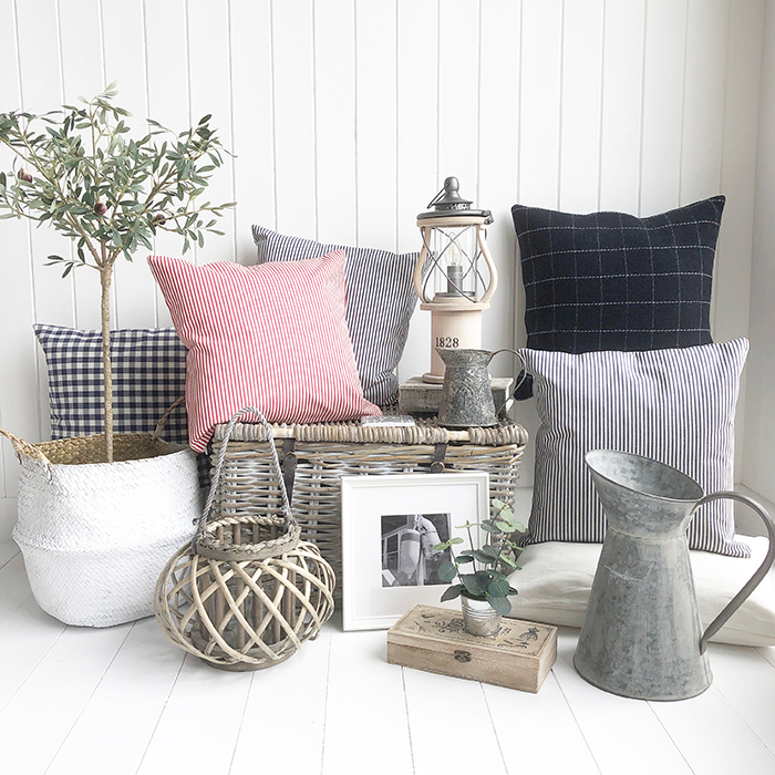 Coastal , Beach House and New England Home Decor accessories. Cushions, lamps, baskets and lanterns